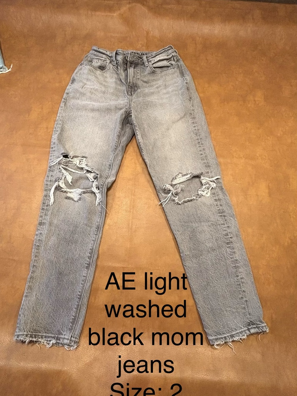American Eagle Outfitters Light Washed Black Distressed Mom Jeans